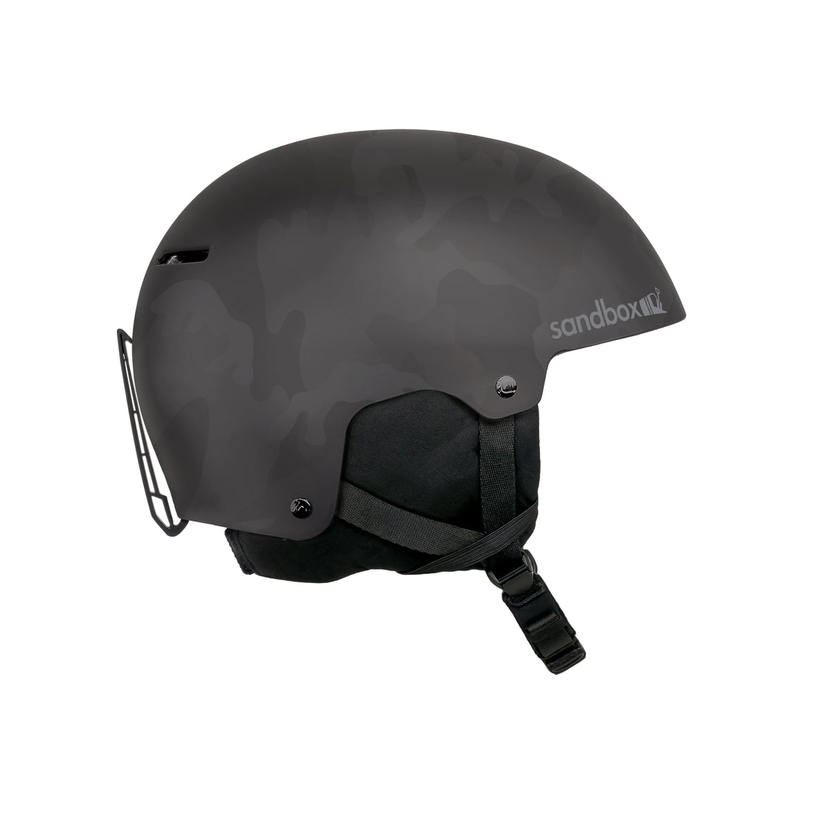 Matte black snow helmet with black chin strap and face shield