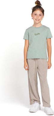 Sea-spray green girls' T-shirt with crew neck, short sleeves, small chest graphic.