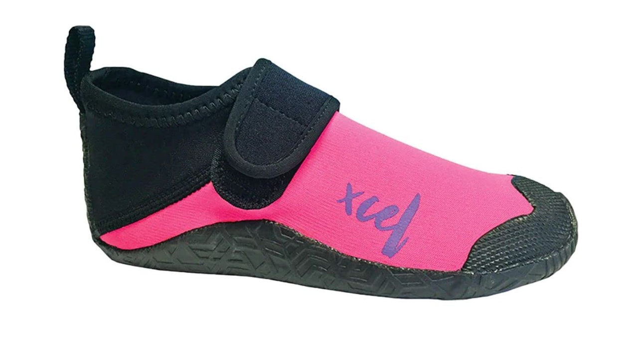 Toddler round-toe water shoes, black with pink side panel and hook-and-loop strap