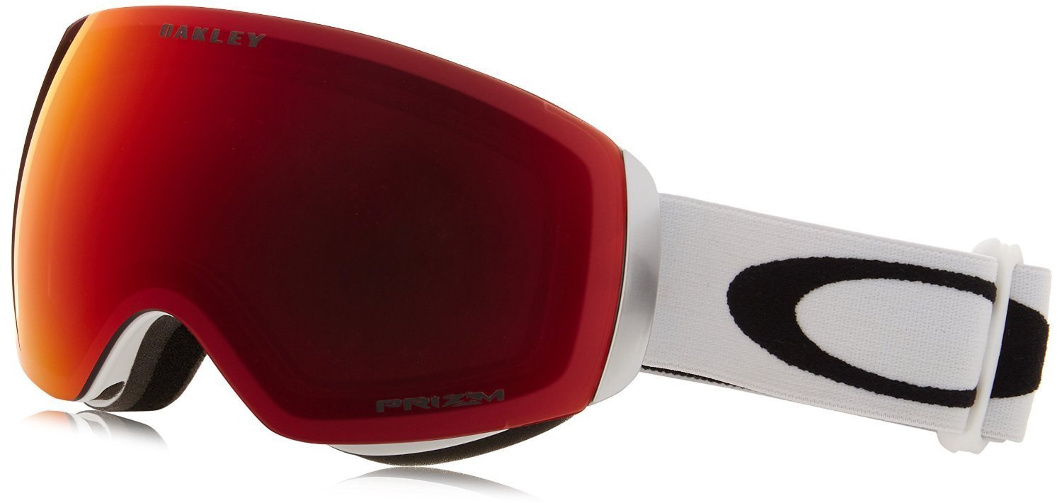 Oakley Flight Deck snow goggles with red mirrored Prizm lens, white strap