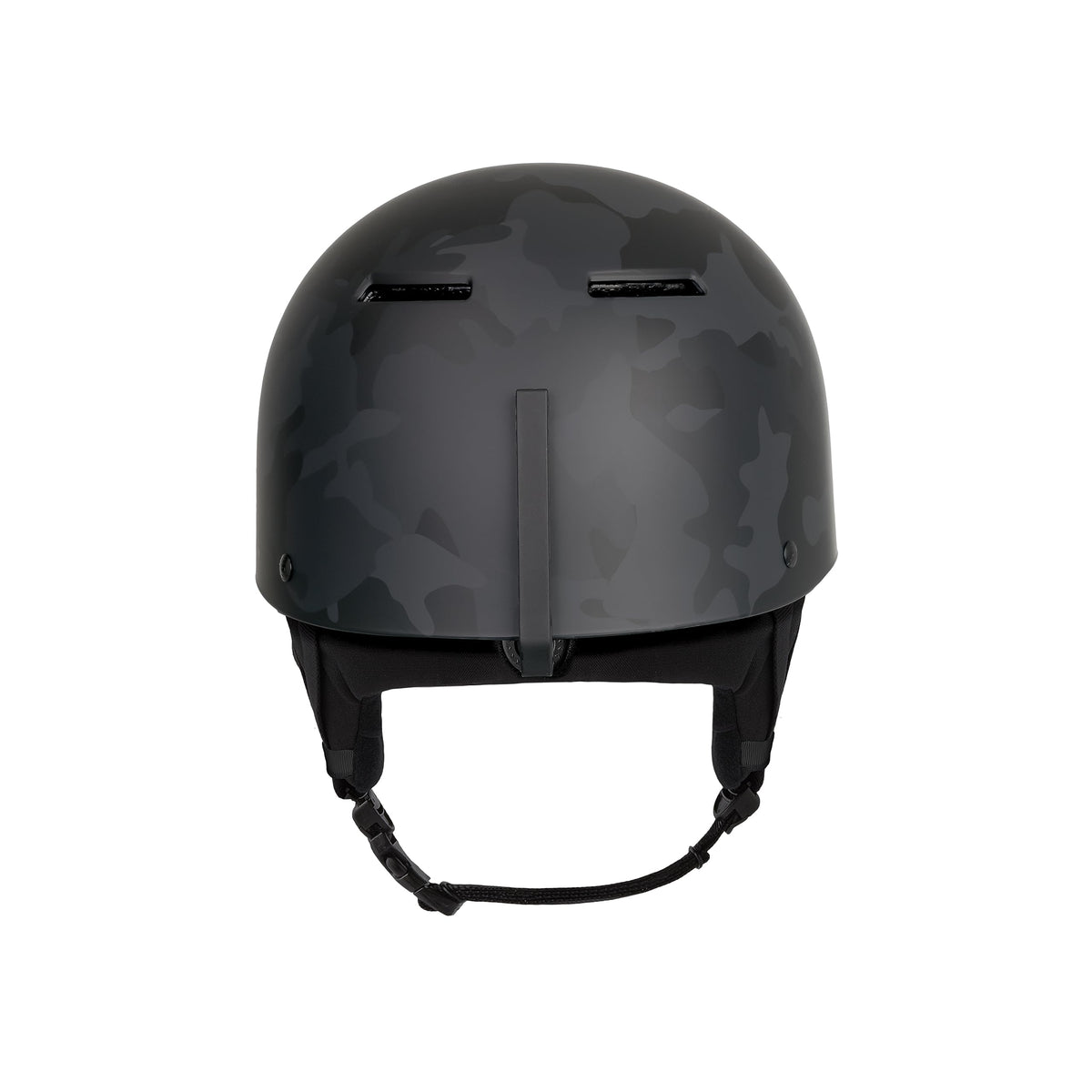 Black camo front view ski helmet with center buckle and black chin strap