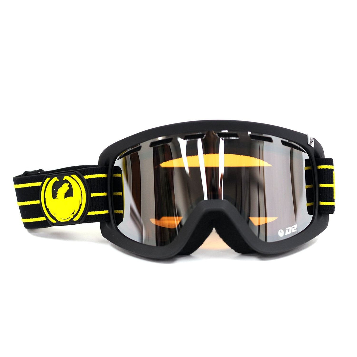 Dragon Alliance D2 throwback ski goggles with black frame, reflective lens, yellow logo strap