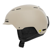 Snow helmet with light beige shell and black chin strap