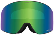 Snow goggles with mirrored green lens, black frame, and DRAGON branding
