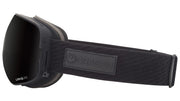 Black snow goggles with dark lens, textured strap and DRAGON logo patch on side