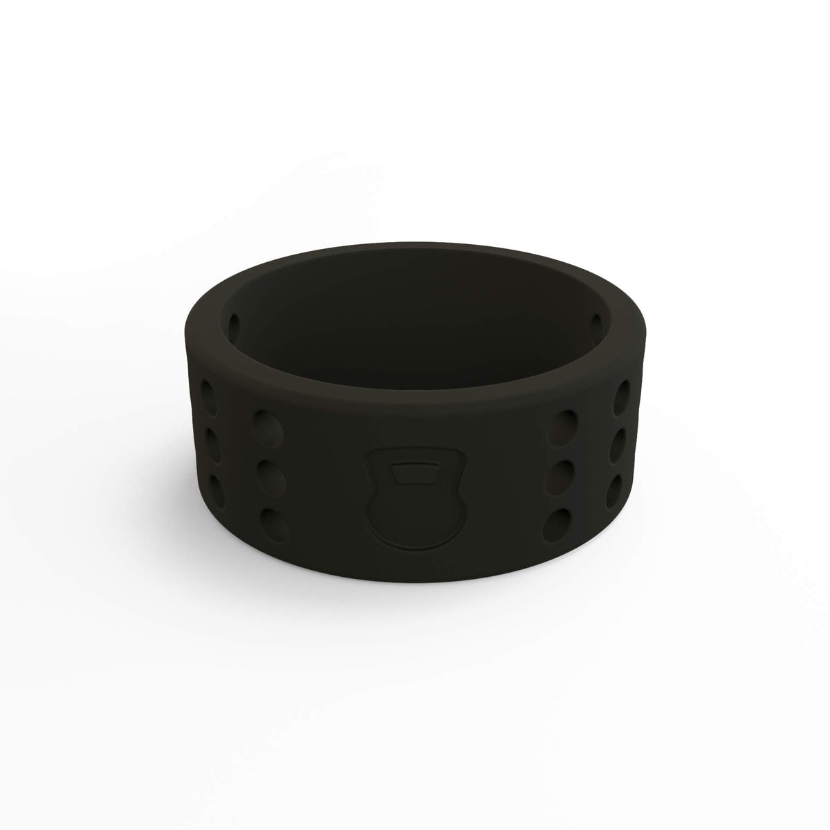 Men's dark silicone ring, perforated band with shield logo and round top