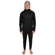 Black baselayer pants on model, full-length front view