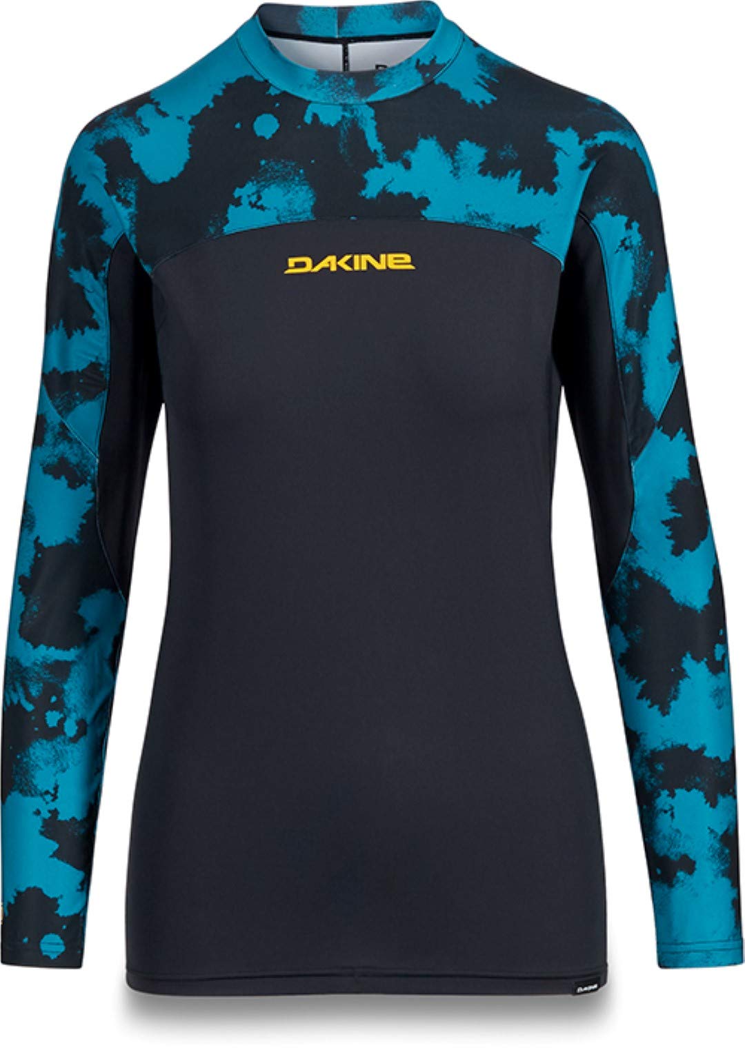 Men's snug fit long sleeve top, black with blue abstract splash sleeves and crew neck