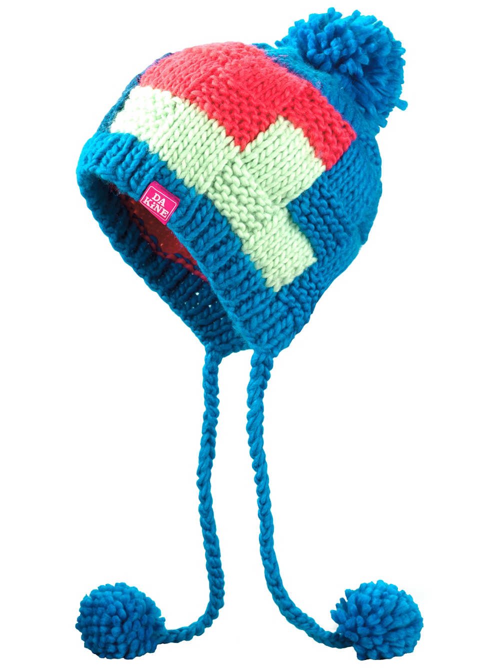 Girls striped knit beanie with earflaps, blue pom-poms, red and mint bands