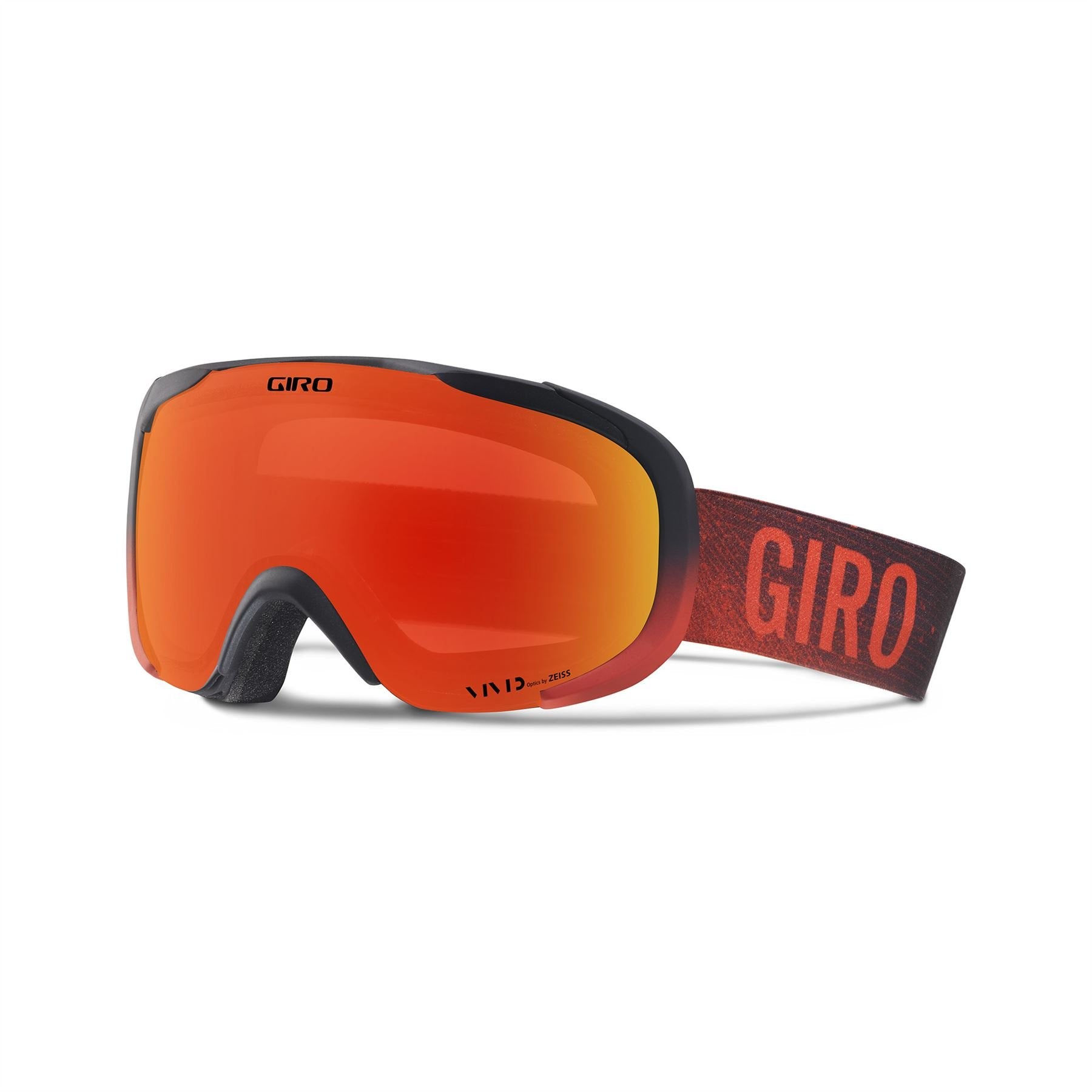 Red-orange ski goggles with large vented frame and orange mirrored lens, Giro strap