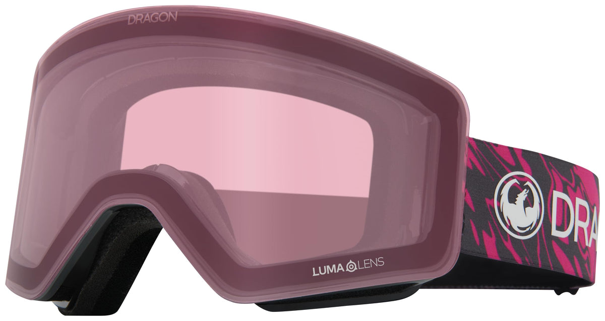 Lilac snow goggles with pink-tinted Luma lens and wide OTG strap