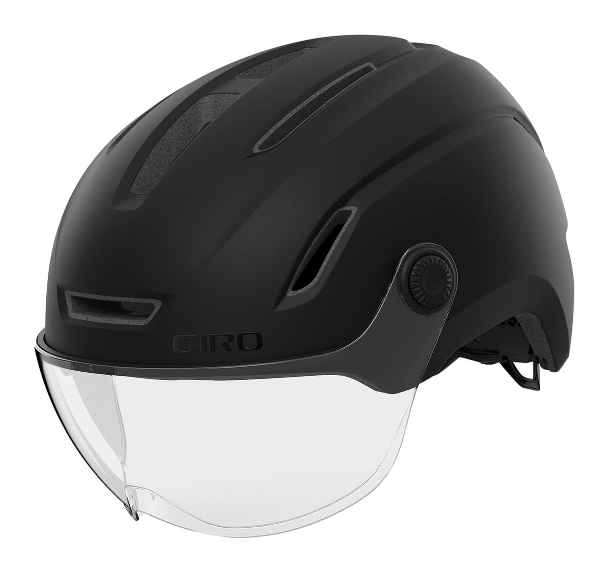 Giro Evoke MIPS urban bike helmet, matte black shell with front vents and clear visor