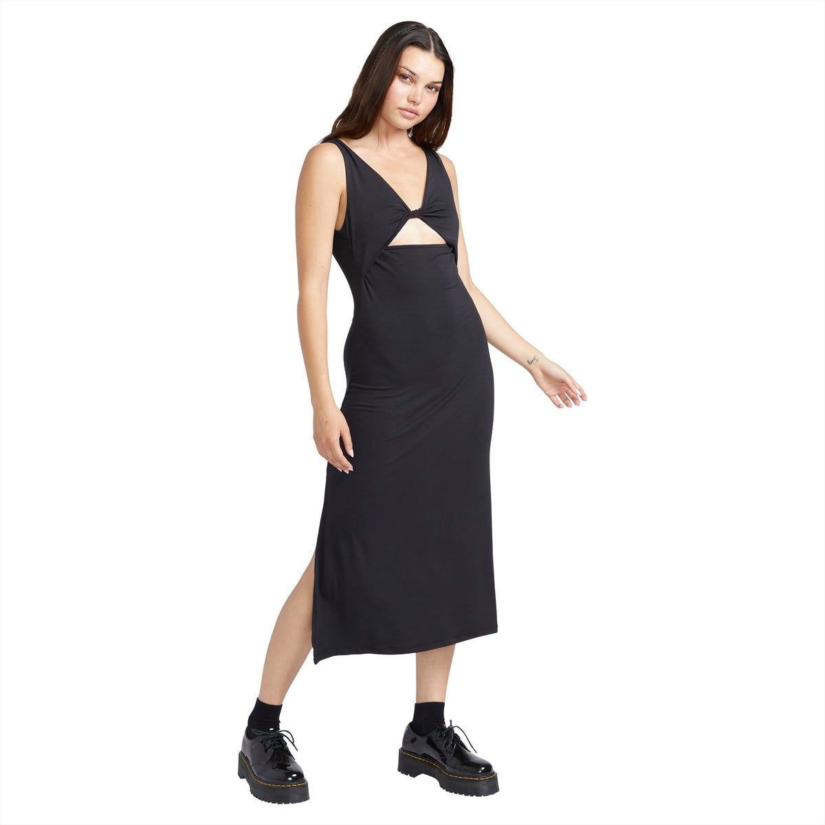 Black sleeveless midi dress with front knot and asymmetrical hem