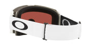 Snow goggles with dark frame, red-tinted lens, and white adjustable strap