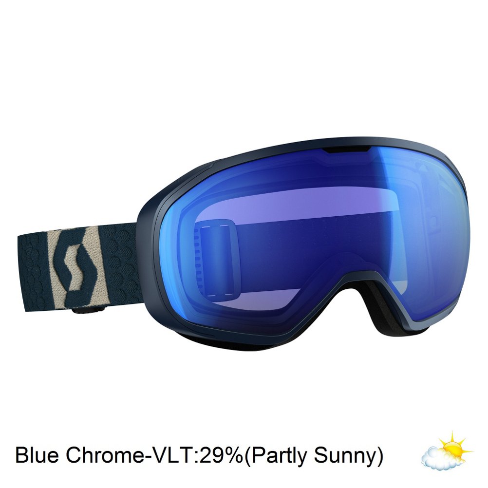 Snow goggles with dark blue frame and blue mirrored lens