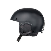 Dark charcoal snow helmet with black chin strap and padded front vent area