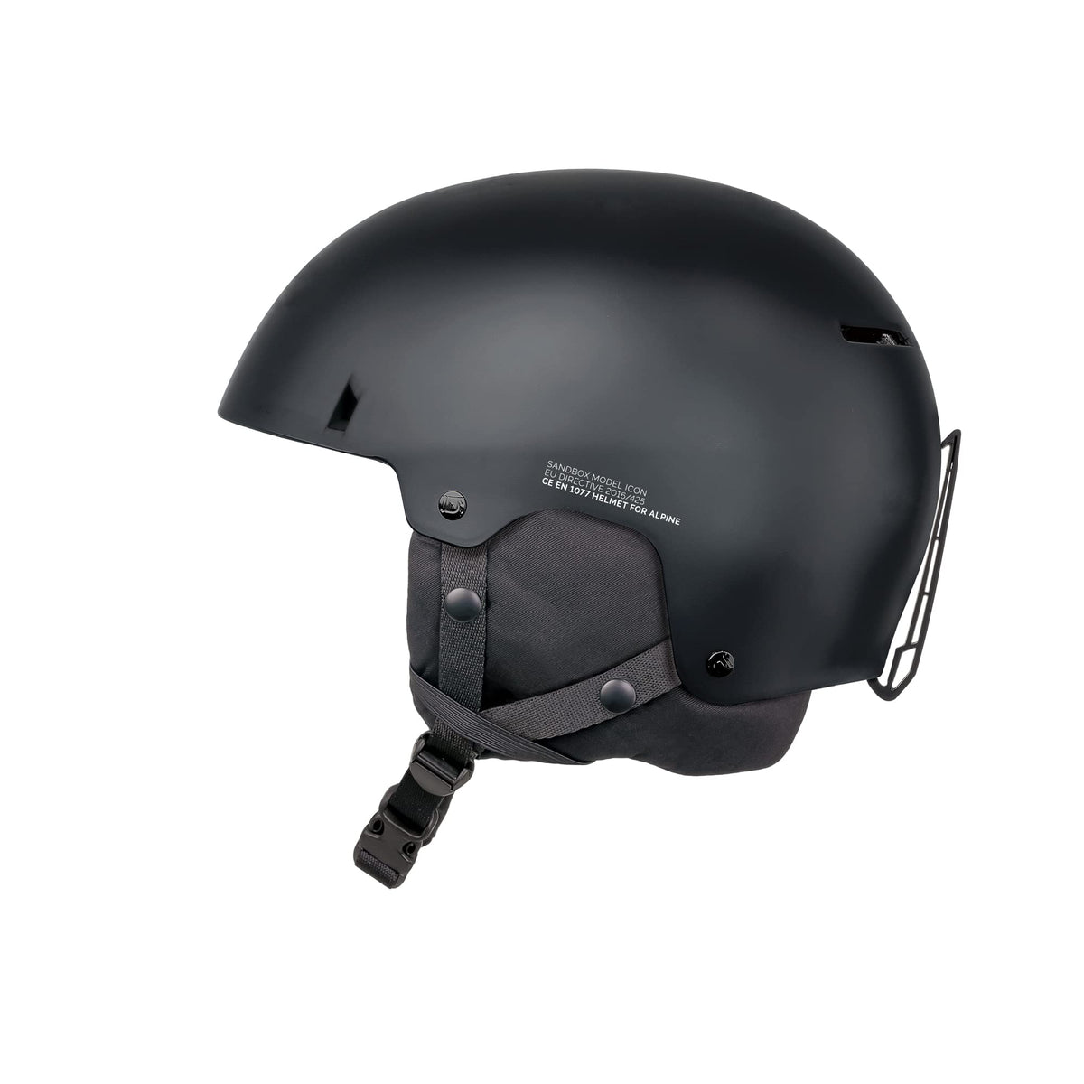 Matte black snow helmet with black chin strap and raised front vent notch