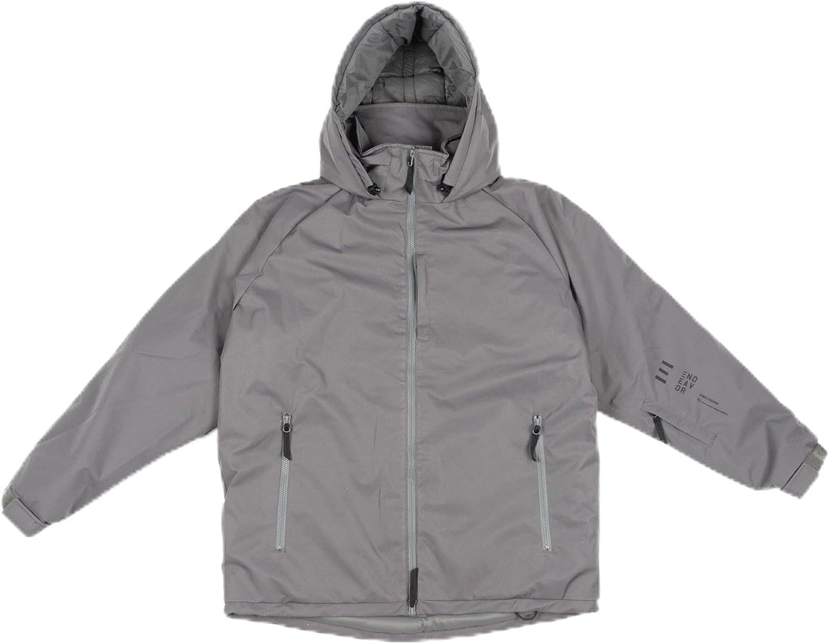 Graphite insulated snow jacket with hood, full zip, two zip pockets, and elastic cuffs