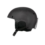 Matte black snow helmet with black chin strap and side face shield