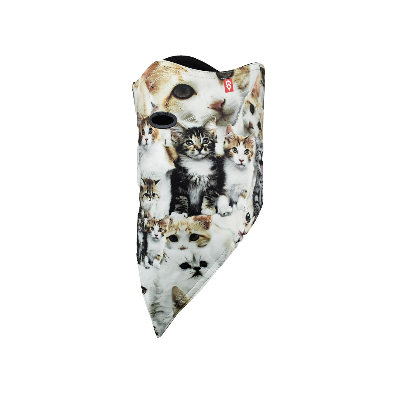 2-layer headwear with cat face collage in white, black, and brown with eye opening