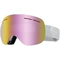 White snow goggles with pink mirrored lens and vented brow bar
