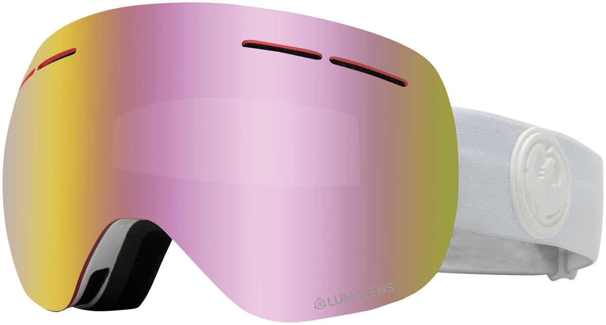 White snow goggles with pink-to-gold mirrored lens