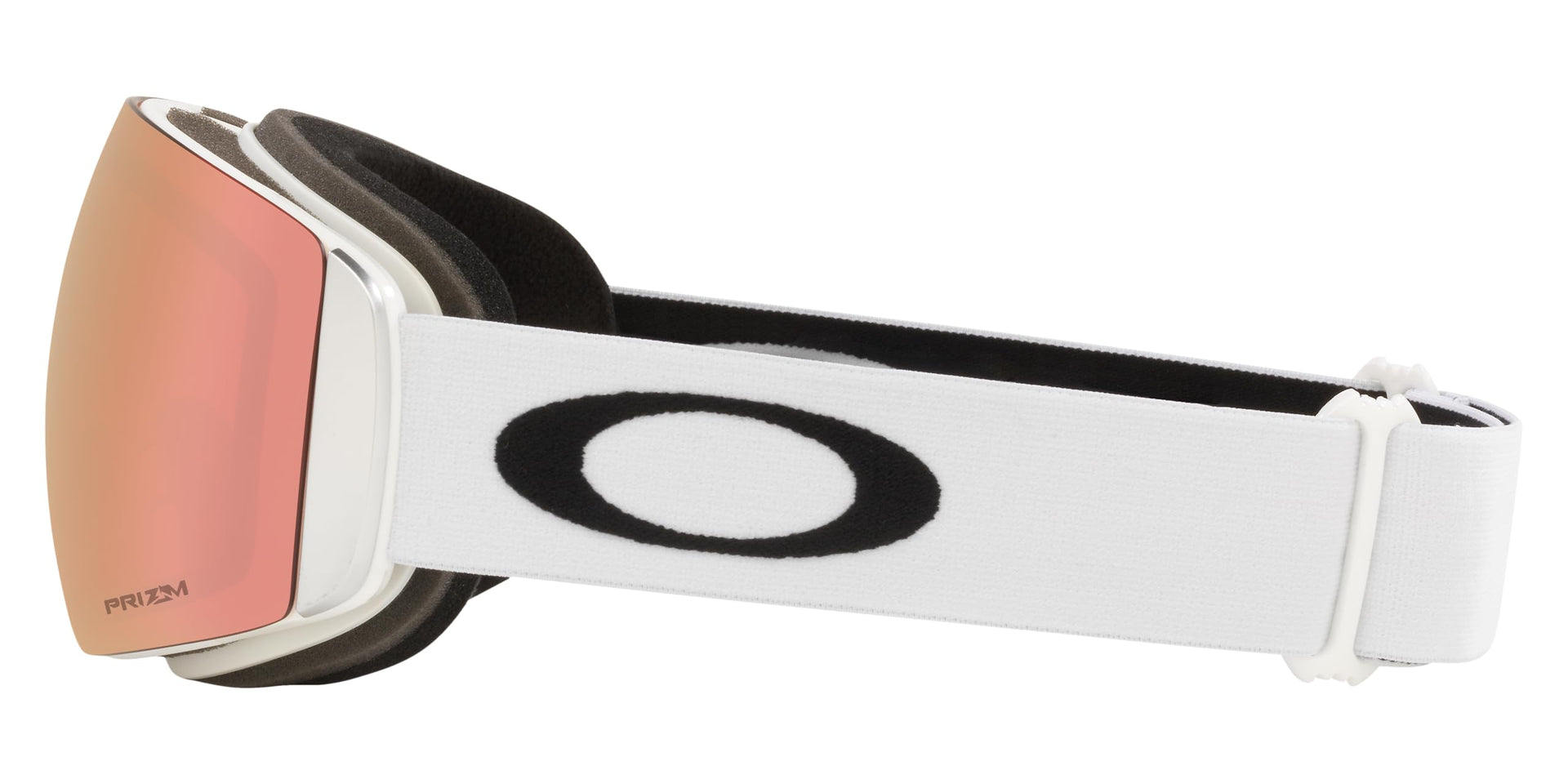 White snow goggles with pink Prizm lens and black interior padding