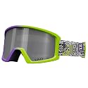 Snow goggles with neon green and purple frame and gray tinted lens.