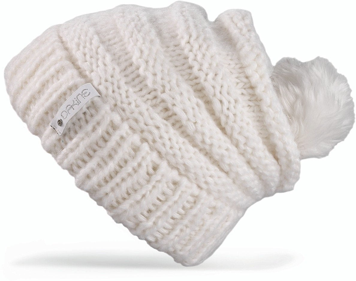 Dakine women's knit beanie, off-white ribbed cuff and chunky cable knit with pom