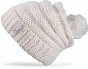 Dakine women's knit beanie, off-white ribbed cuff and chunky cable knit with pom