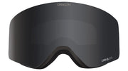 Dark smoke snow goggle lens with Luma lens logo on black frame