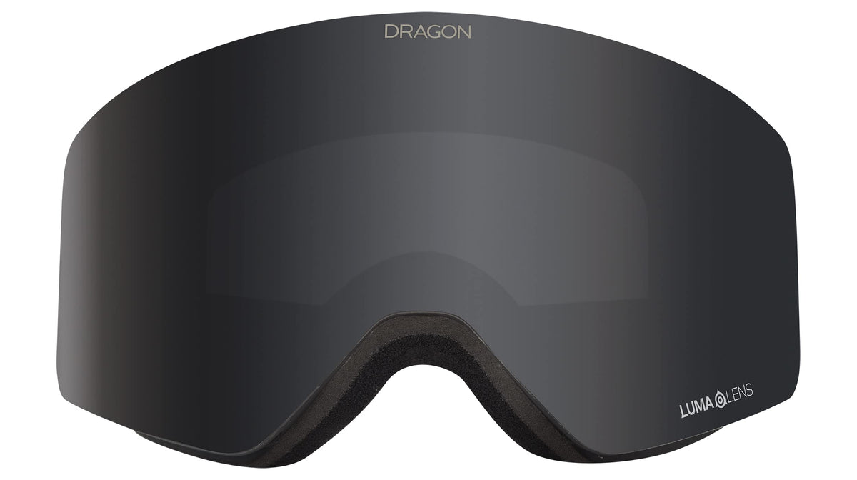 Dark smoke snow goggle lens with Luma lens logo on black frame