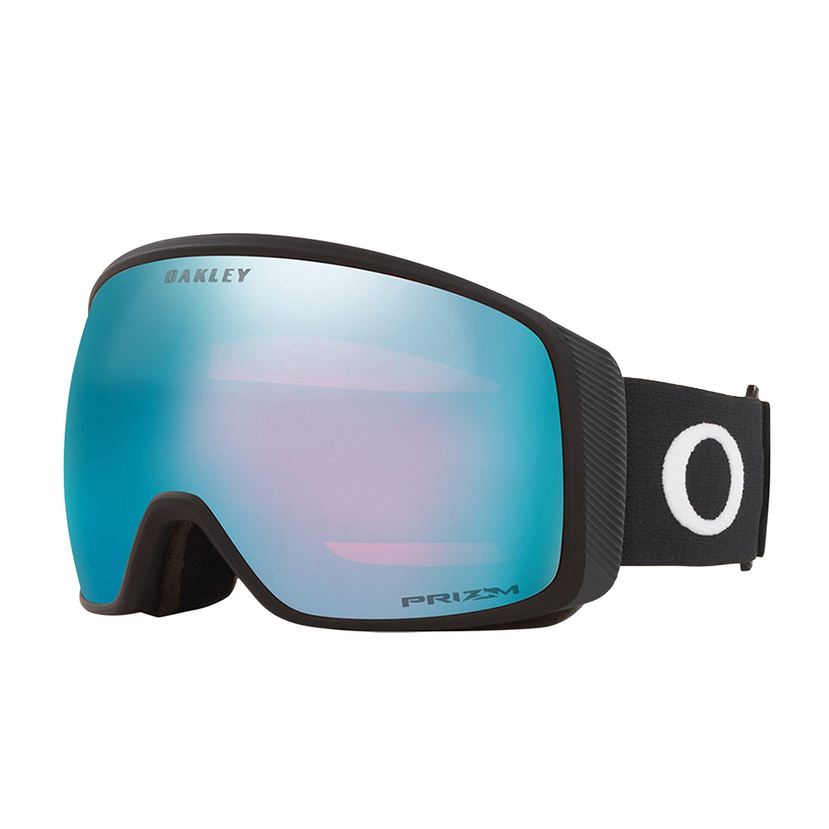 Oakley snow goggles with blue Prizm lens, black frame and white logo strap.