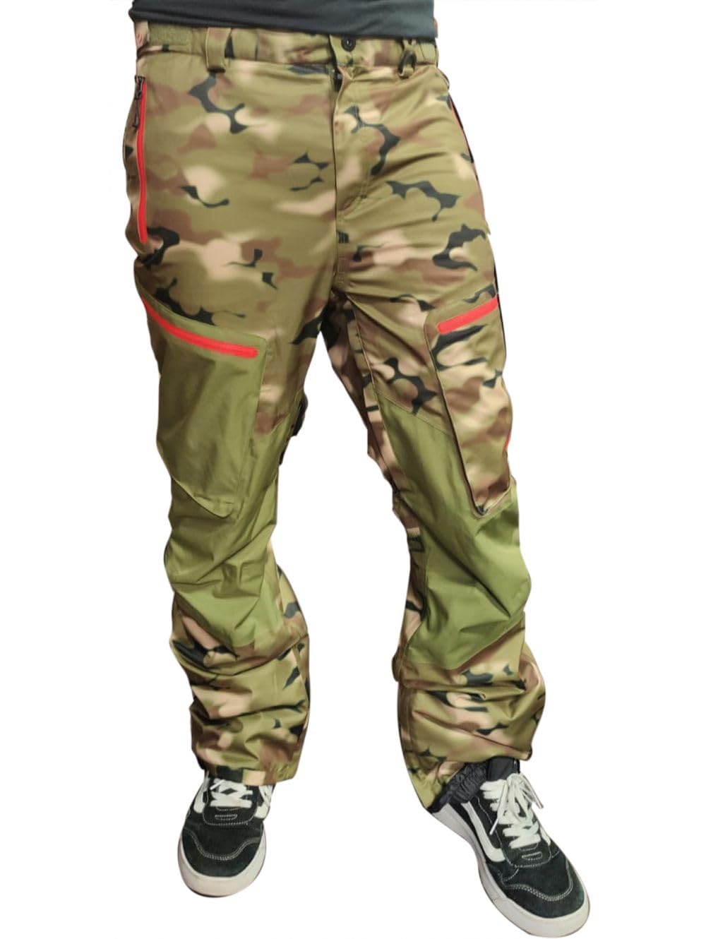 Men's snow sport pants in camouflage with cargo pockets, red accents, and cuffed hems