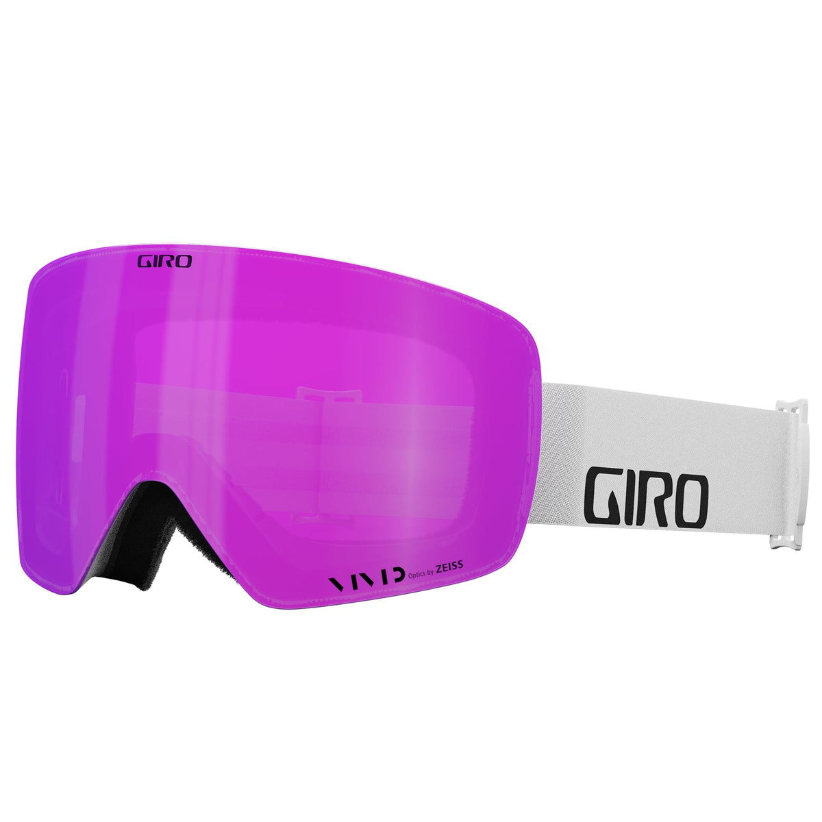 Giro Contour snow goggles with purple mirrored lens and white strap, black GIRO logo