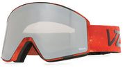 Snow goggles with gray mirrored lens, black frame, red patterned strap