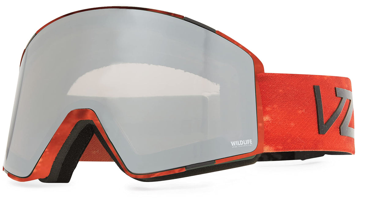 Snow goggles with gray mirrored lens, black frame, red patterned strap