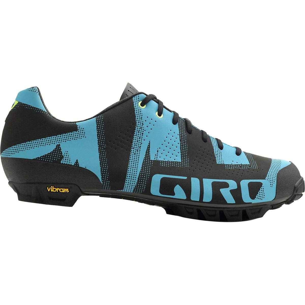 Mountain bike shoes with teal/blue upper, black side panels, lace-up closure, treaded sole
