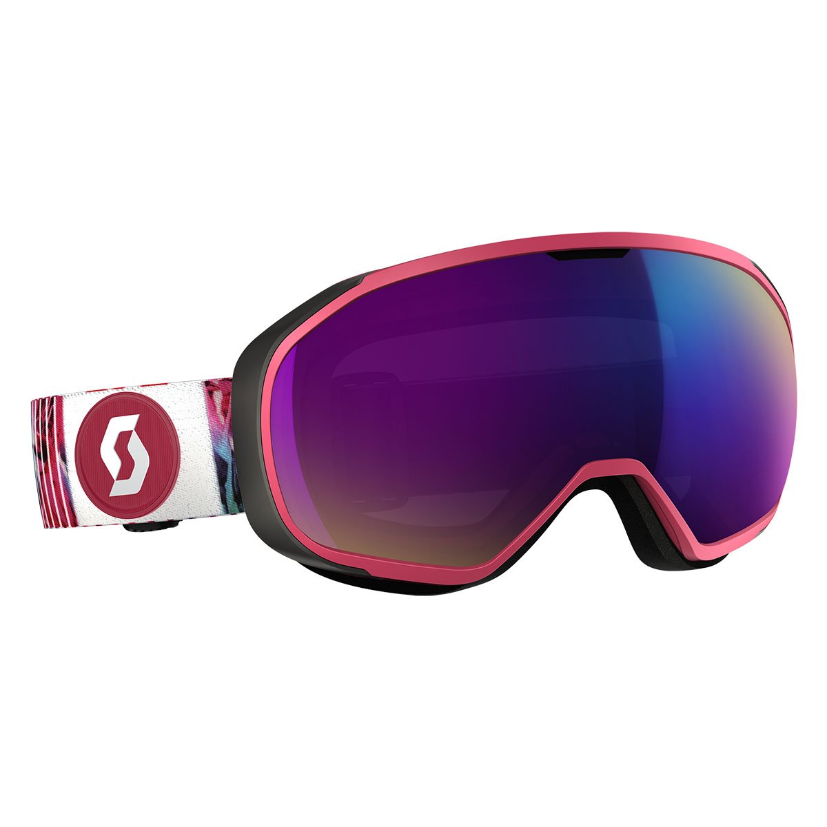 Snow goggles with pink frame and dark purple mirrored lens