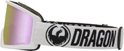 Snow goggles with mirrored pink lens and white strap with DRAGON logo