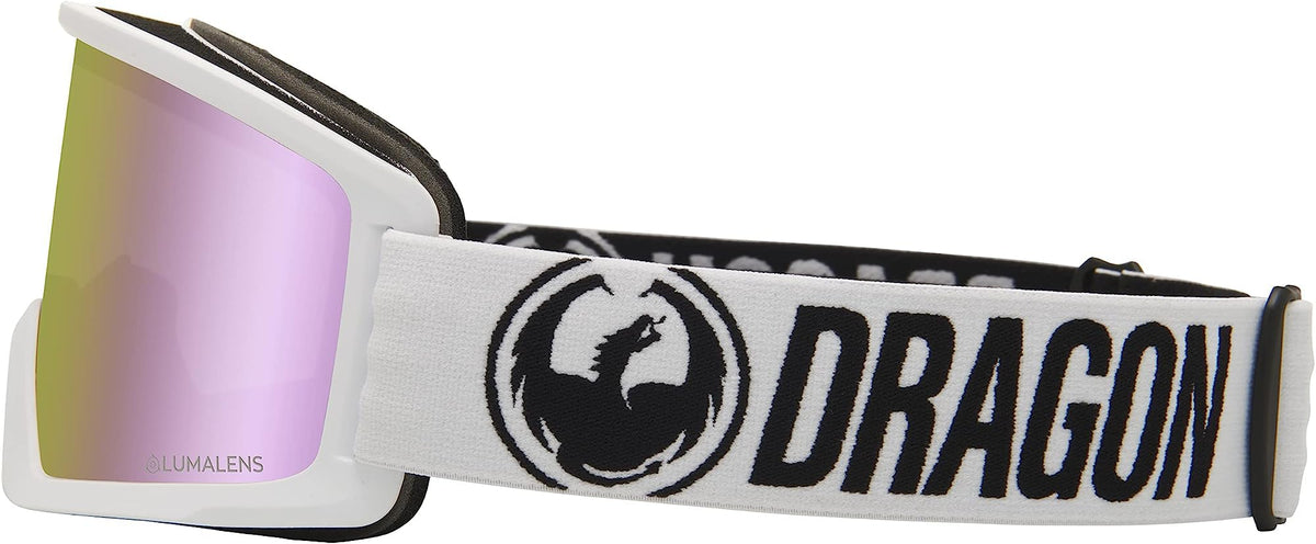 Snow goggles with mirrored pink lens and white strap with DRAGON logo