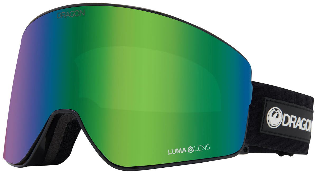 Black snow goggles with mirrored green lens and DRAGON logo on strap