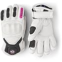 Kids insulated ski mittens in white with gray patches and cerise logo on wrist cuff