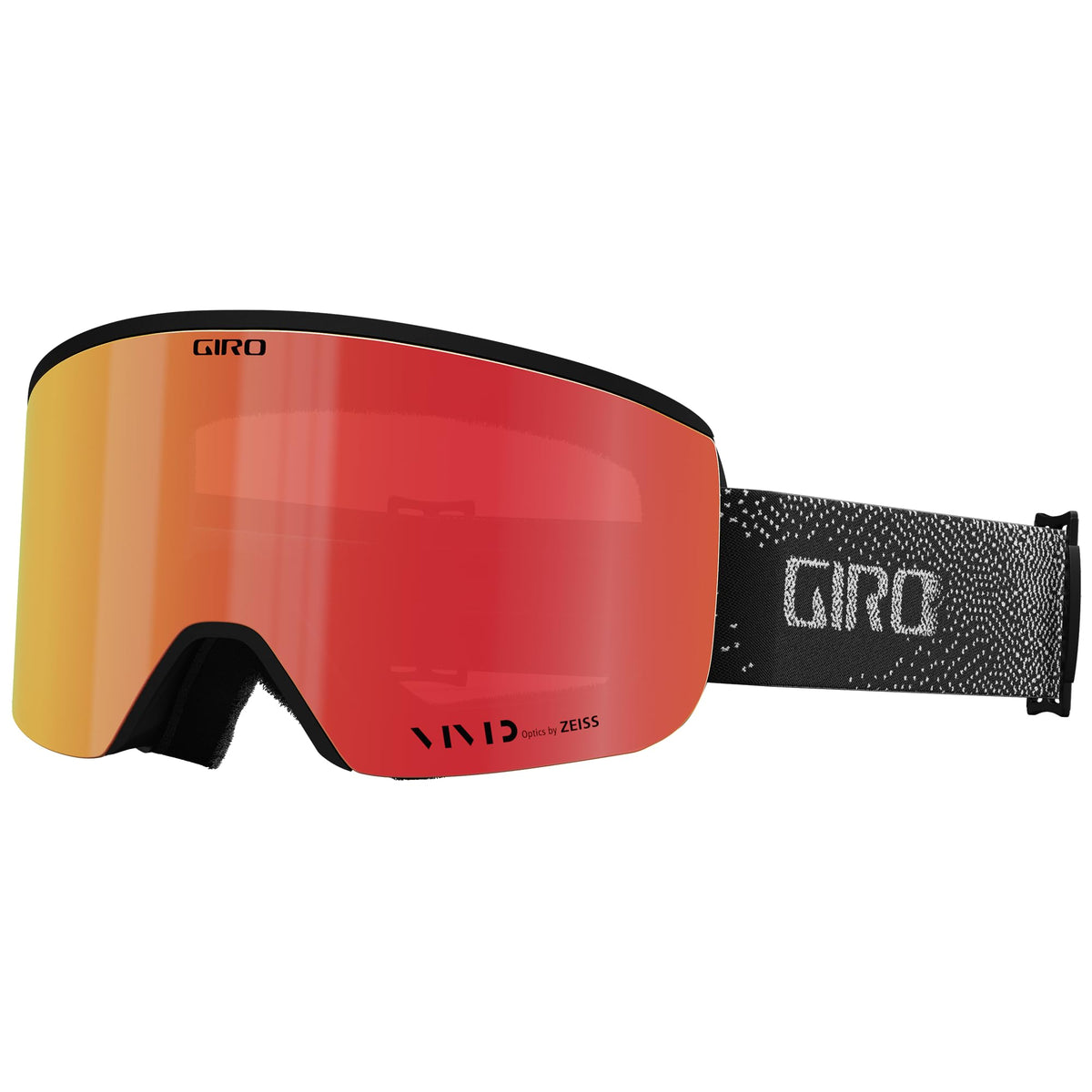 Giro Axis snow goggles with orange-red mirrored lens and black strap with GIRO logo