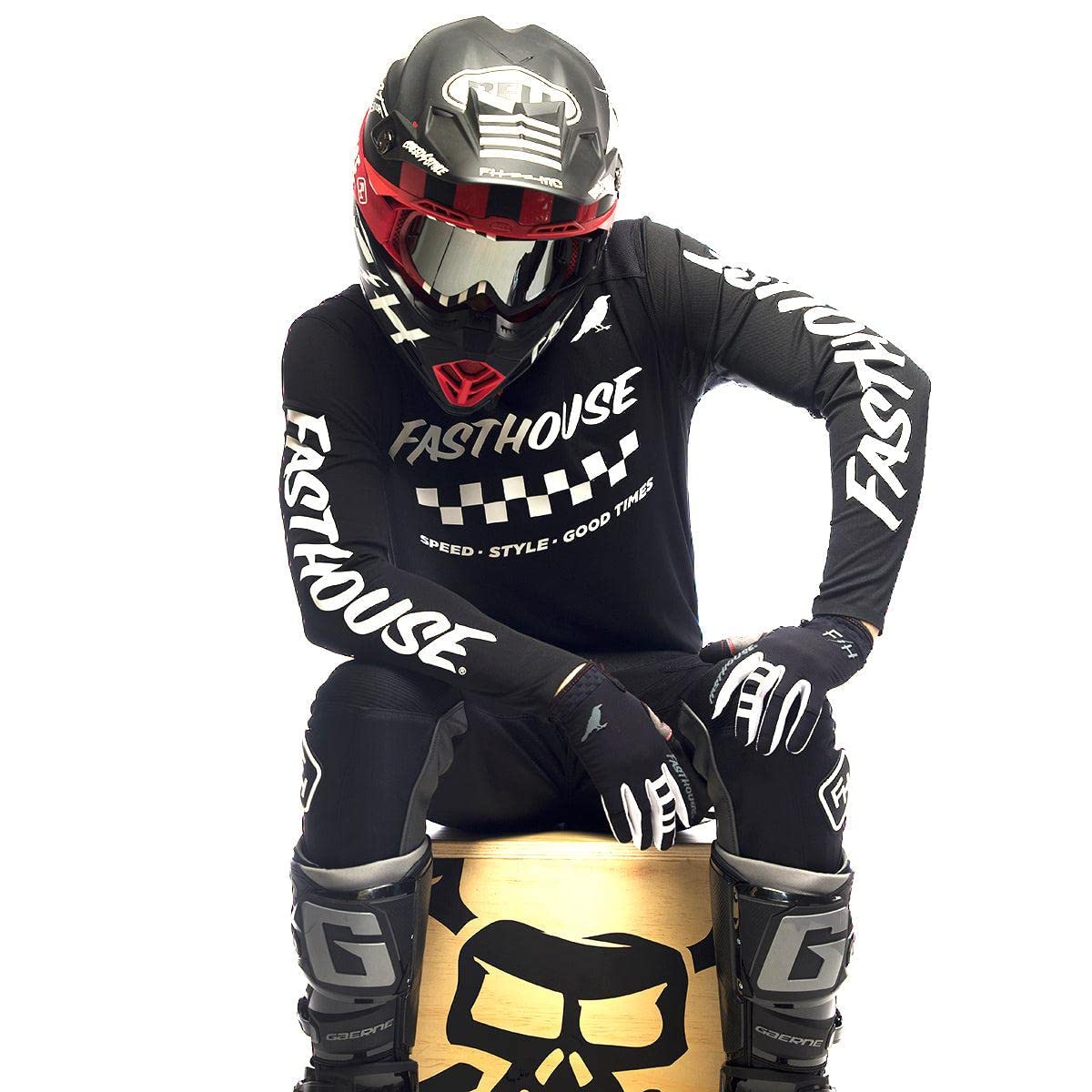 Black long-sleeve motocross jersey with Fasthouse front logo and checkered band