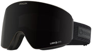 Black snow goggles with dark lens, logo on frame and strap