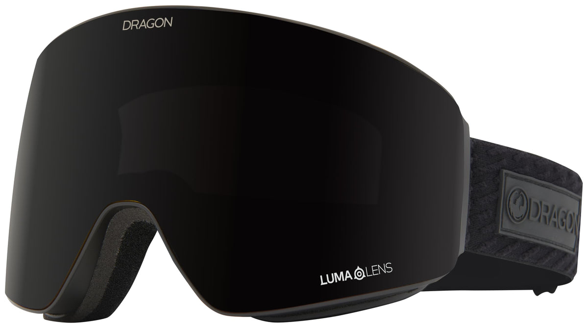 Black snow goggles with dark lens, logo on frame and strap