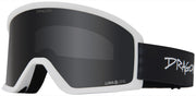 Snow goggles with white frame, dark smoke lens, and black strap with DRAGON logo