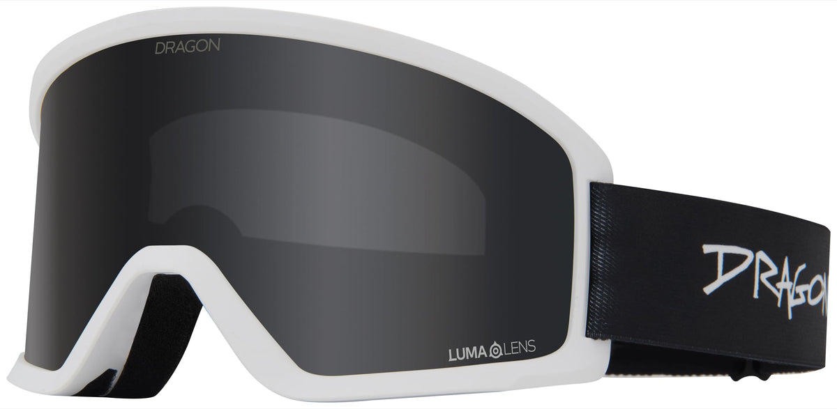 Snow goggles with white frame, dark smoke lens, and black strap with DRAGON logo