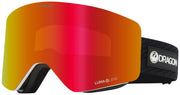 Orange-red mirrored snow goggles with black OTG strap and Luma lens mark